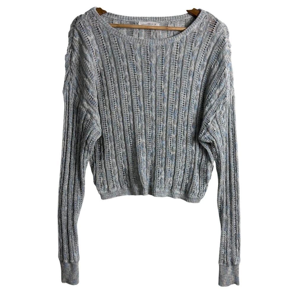 Natural Life Blue Grey Cable Knit Sweater Shimmer Metallic Medium‎ linen cotton